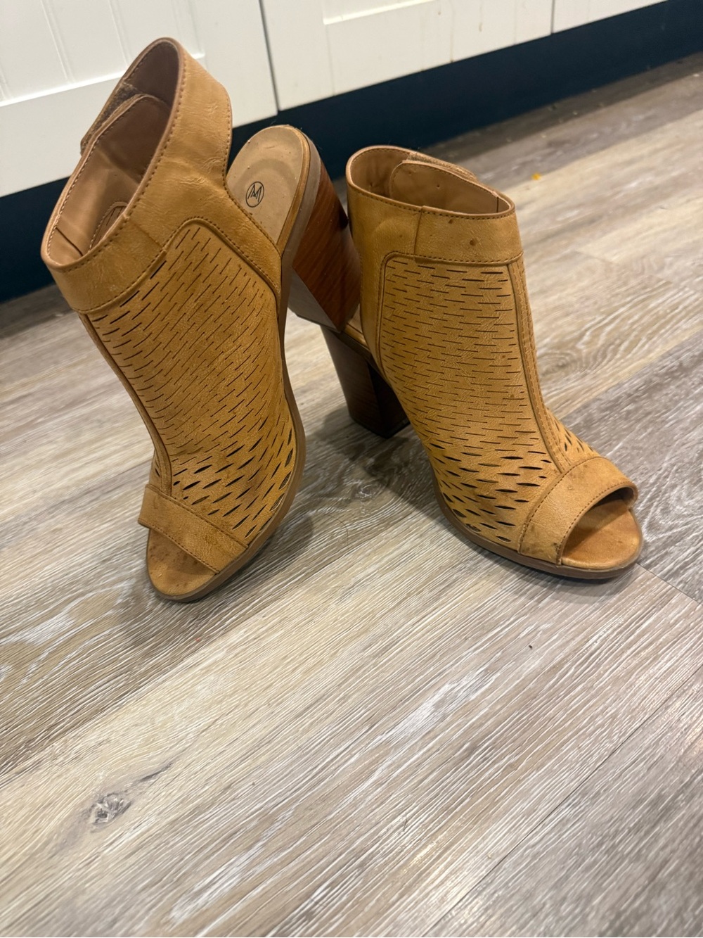 Tan Open-Toe Perforated Block Heel Booties - Women